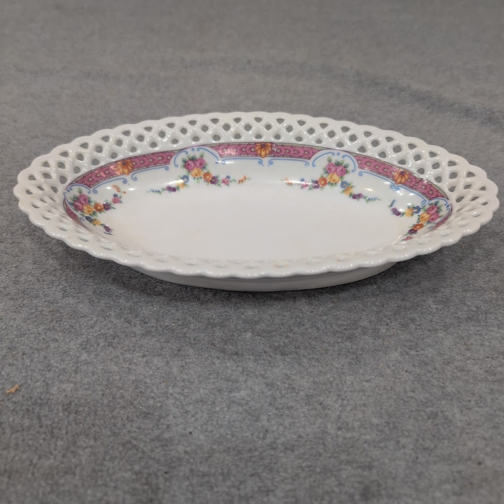 Schumann Arzberg Bavaria Reticulated Floral Porcelain Oval Bowl Pink Lattice Rim